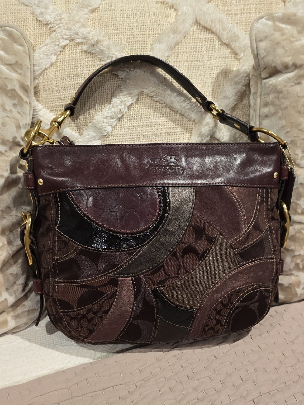 Coach ZOE Mosaic Patchwork Vintage Signature Shoulder Bag in Deep Brown